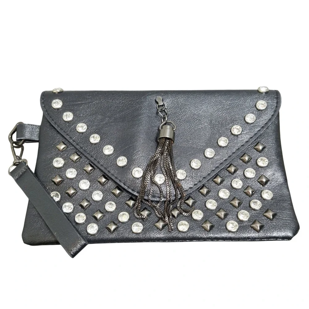 Black Faux Leather Studded Rhinestone Wristlet Clutch with Chain Tassel Edgy